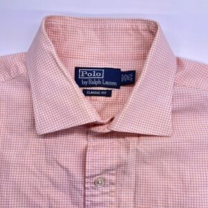 Polo Ralph Lauren Mens Classic Fit Gingham Dress Shirt Orange White Size 17.5